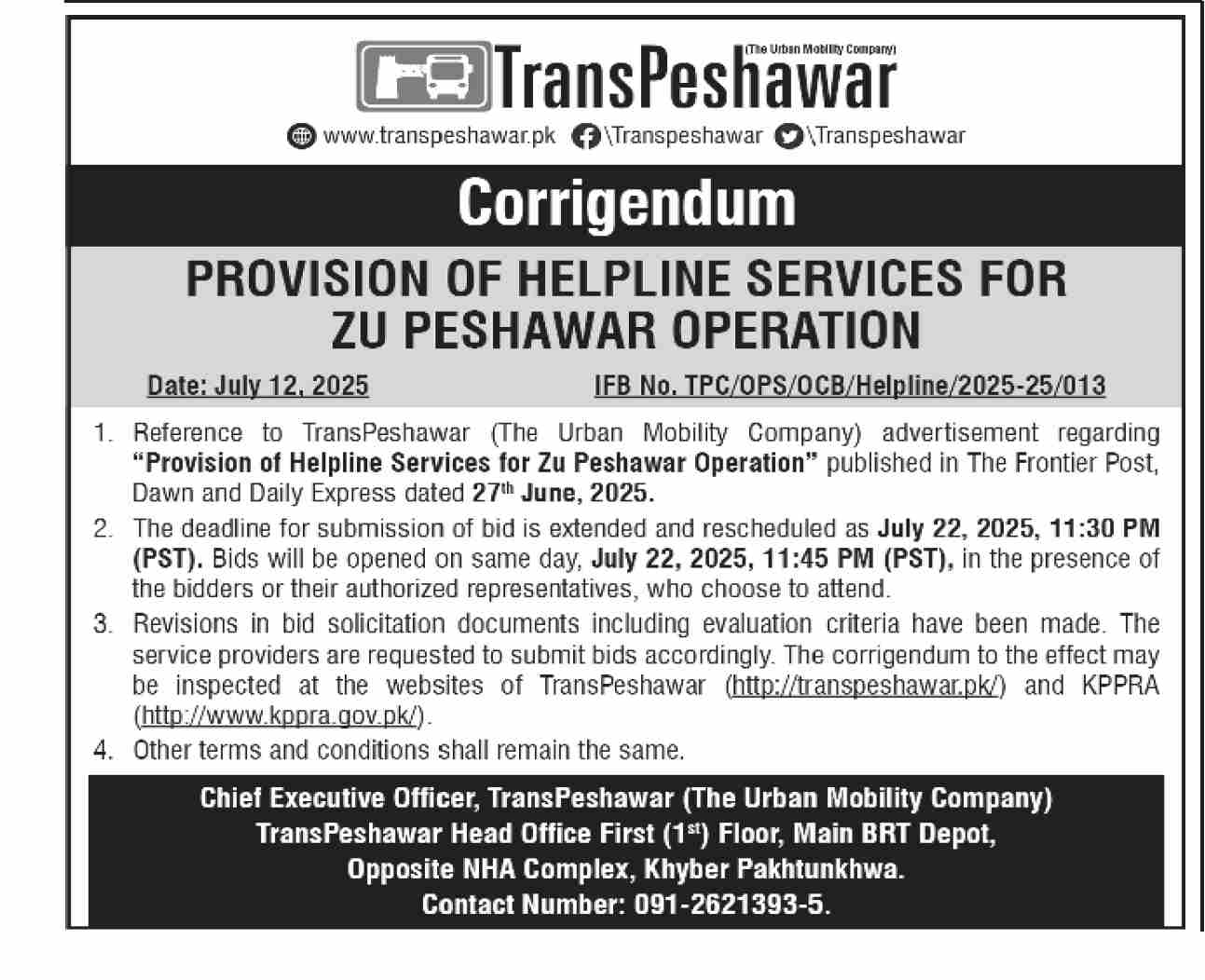 TransPeshawar Tender Notice